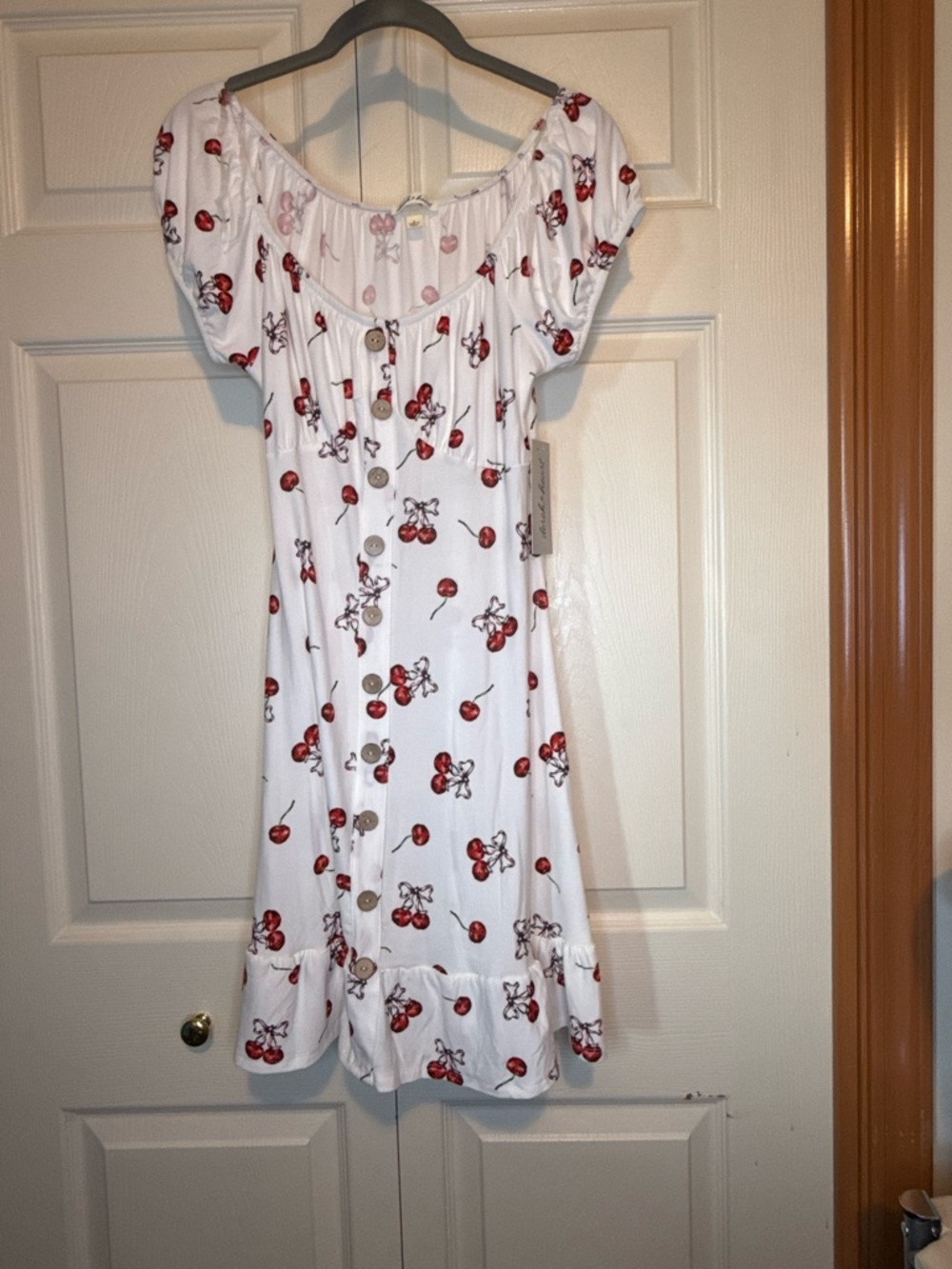 Derek Heart White Coquette Dress with Red Cherry Print - M - NWT